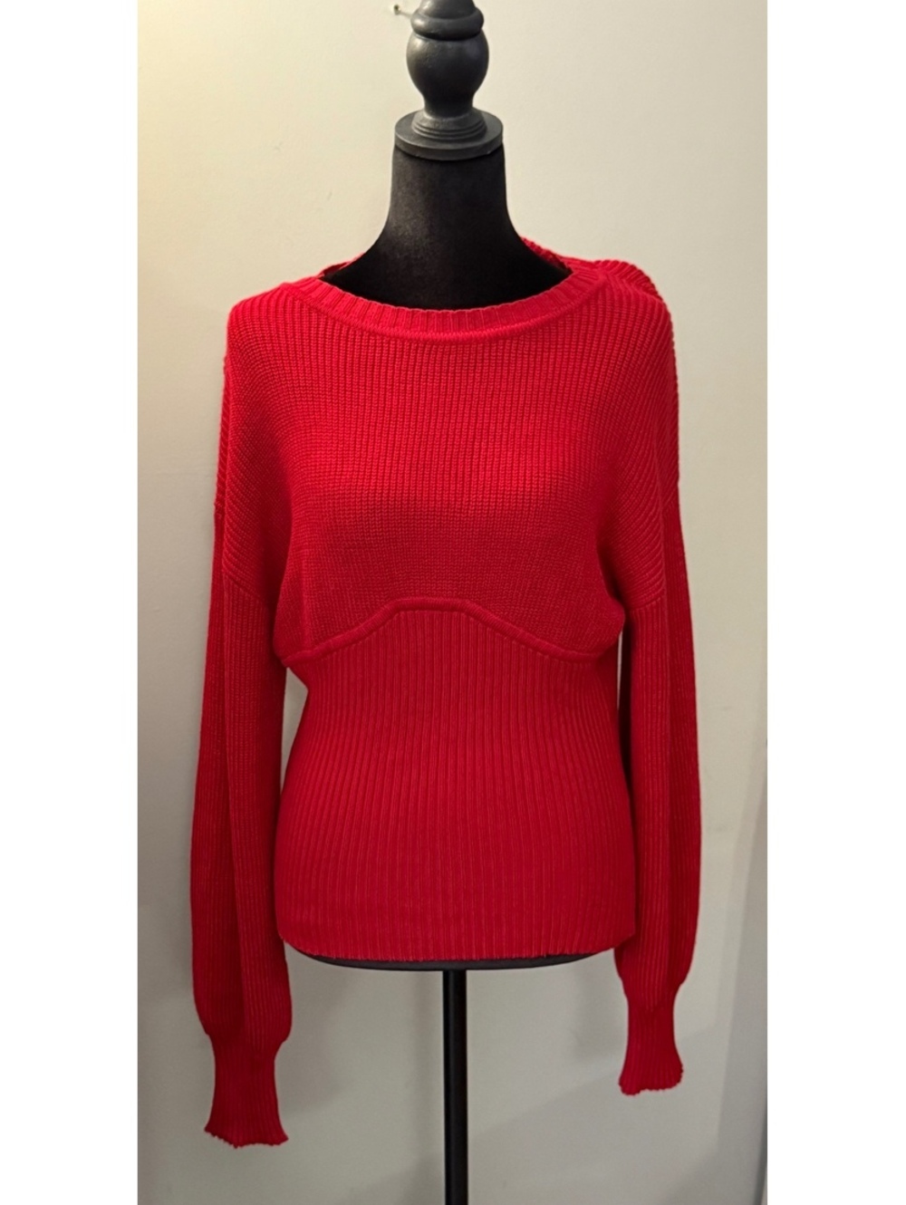 Grace Karin Red Ribbed Knit Sweater with Unique Waist Detail, Medium